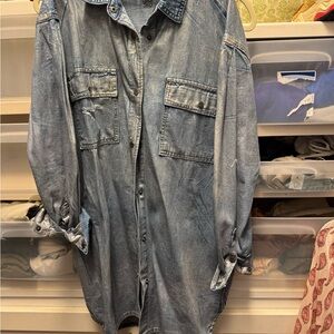 One Teaspoon oversized long Light Blue Denim Shirt with silver coating